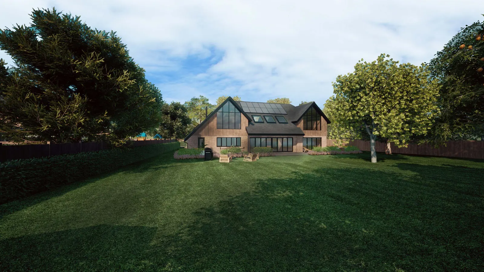 Architect's visual of the garden side, with two glazed gables, rooflights and wide glazed doors onto the lawn