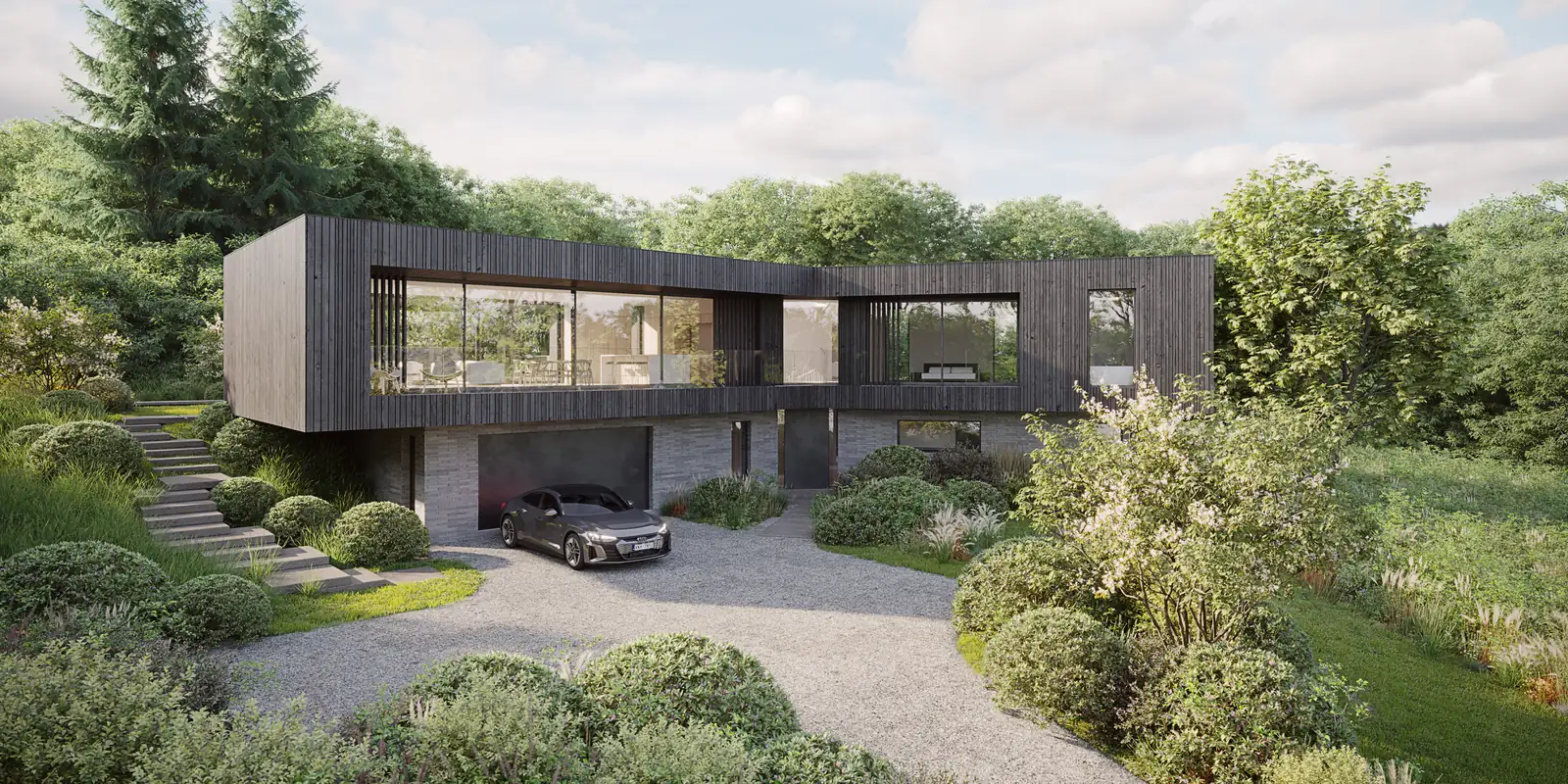 Architect's visual of the finished house from the drive: a dark timber-clad upper floor over a pale brick base