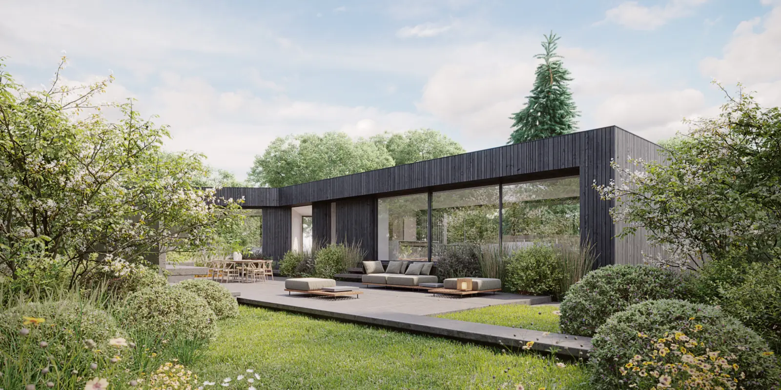 Architect's visual of the garden terrace, with full-height glazing under the timber-clad upper floor