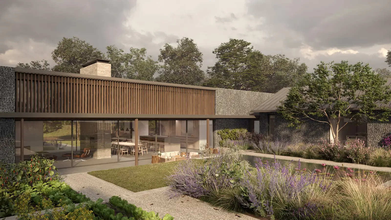 Architect's visual of the finished garden, looking back across planted terraces to the house