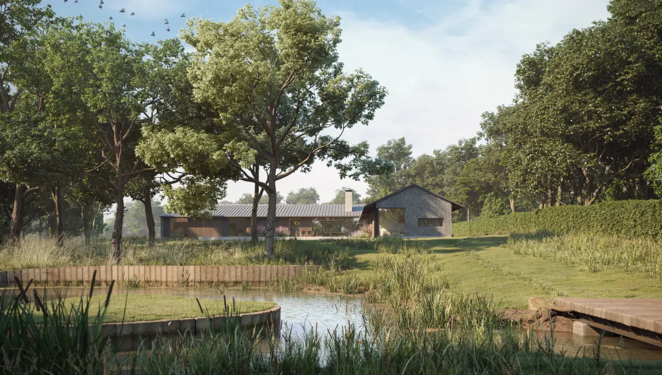 Architect's visual of the house from across the pond, set low into the woodland